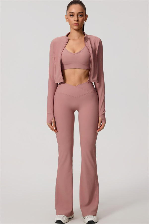 The Daze Zip Jacket Sports Bra Flared Leggings 3-Piece Set