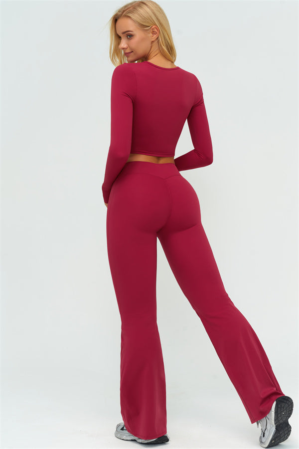 The Lushness Long Sleeve Crop Top Flared Leggings 2-Piece Set