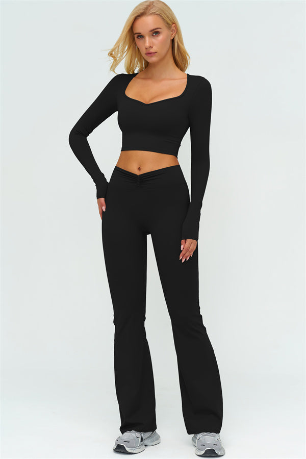 The Lushness Long Sleeve Crop Top Flared Leggings 2-Piece Set