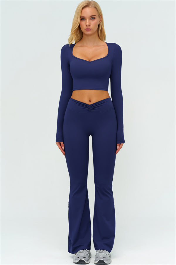 The Lushness Long Sleeve Crop Top Flared Leggings 2-Piece Set